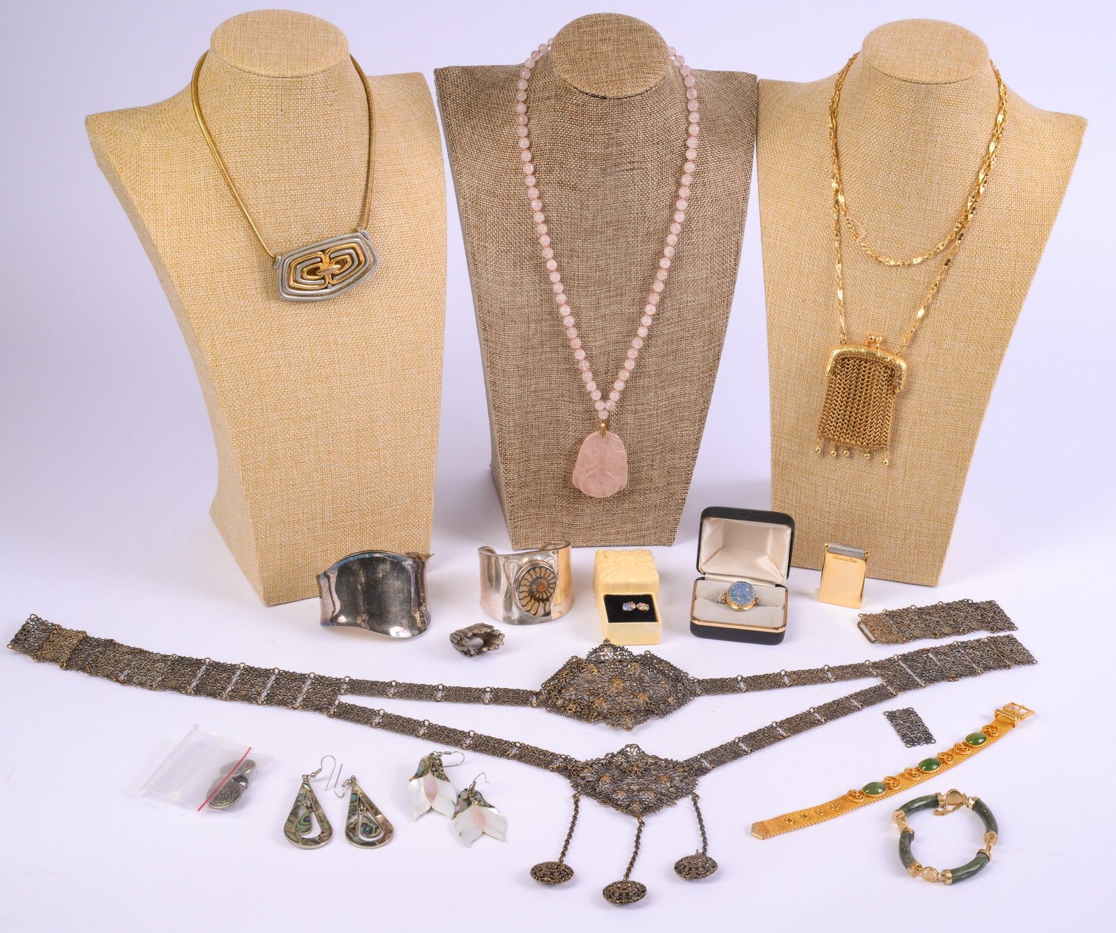 Group of Costume Jewelry.: Includes abalone earrings, mesh purse neclace, art nouveau bracelet, and others.