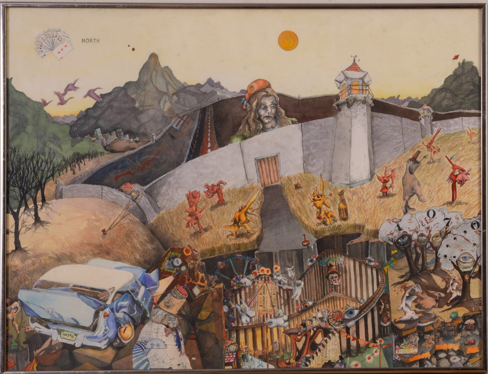 Richard Brodeur (b. 1952). Surrealist Scene With Circus.: Ink and watercolor on paper, 21.5 x 29 inches. Framed.
