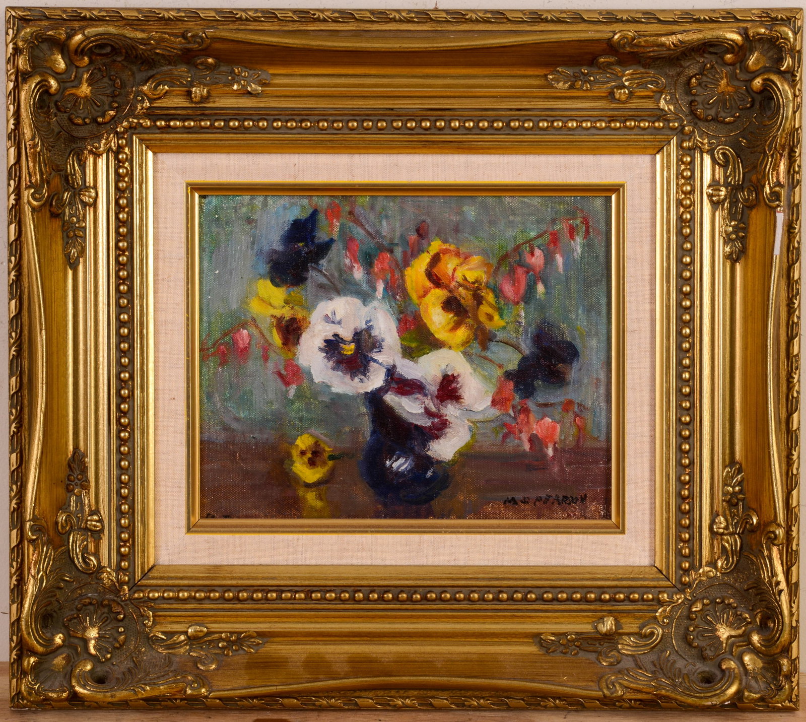 Mid Century Still Life With Flowers.: Oil on board, 8 x 10 inches. Framed, 16 x 18 inches.