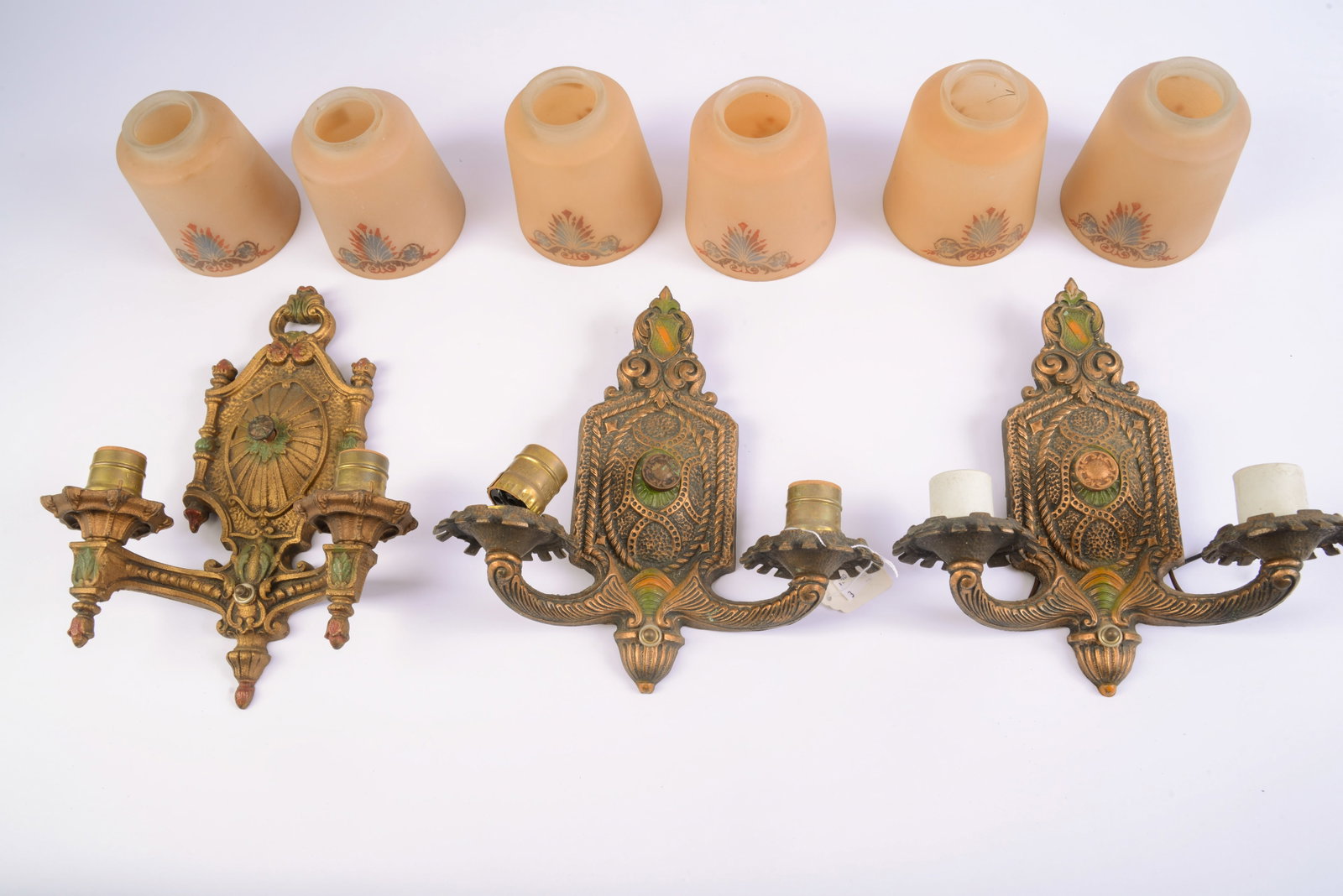 Three Wall Sconces With Painted Shades.: Sconces 10 x 10 inches, shades 4.75 inches tall.
