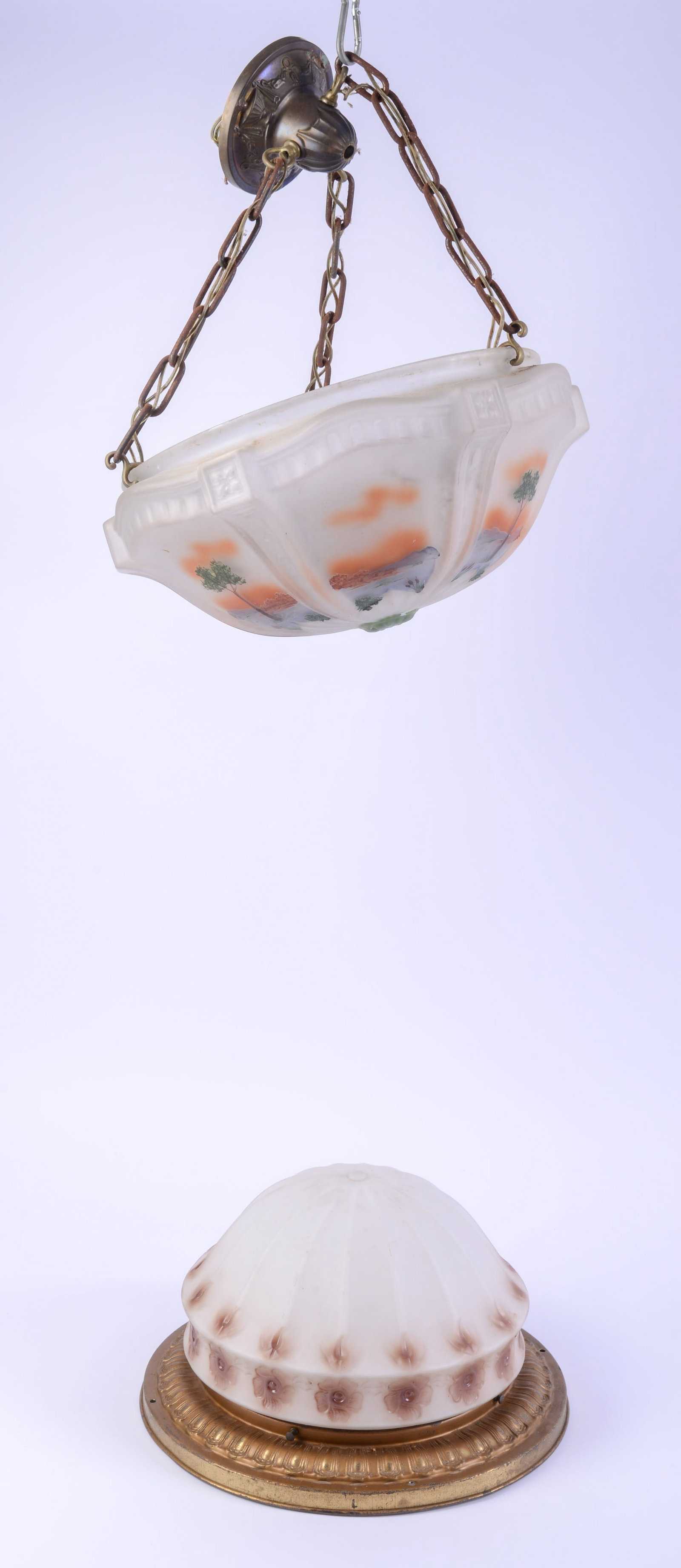 Hanging Lamp With Painted SHade and a Flush Mount Ceiling Light.: Shade possibly Pairpoint, diameter 16 inches. Both need rewiring, crack to painted shade.