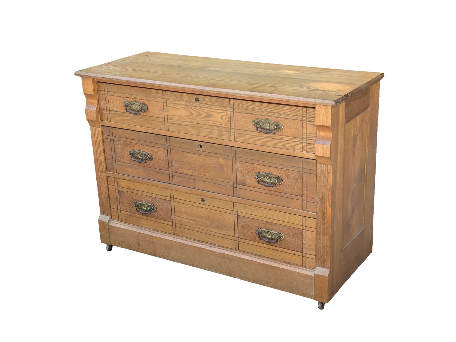 Oak and Burl Walnut Chest of Drawers.: Height 30 inches, width 40 inches, depth 17 inches.