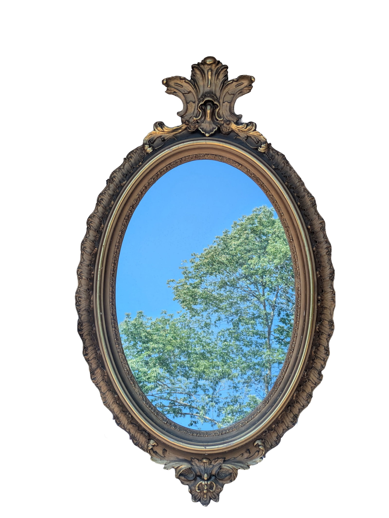 Large Oval Gilt Mirror.: 48 x 29 inches. Some minor losses. With shipping crate.