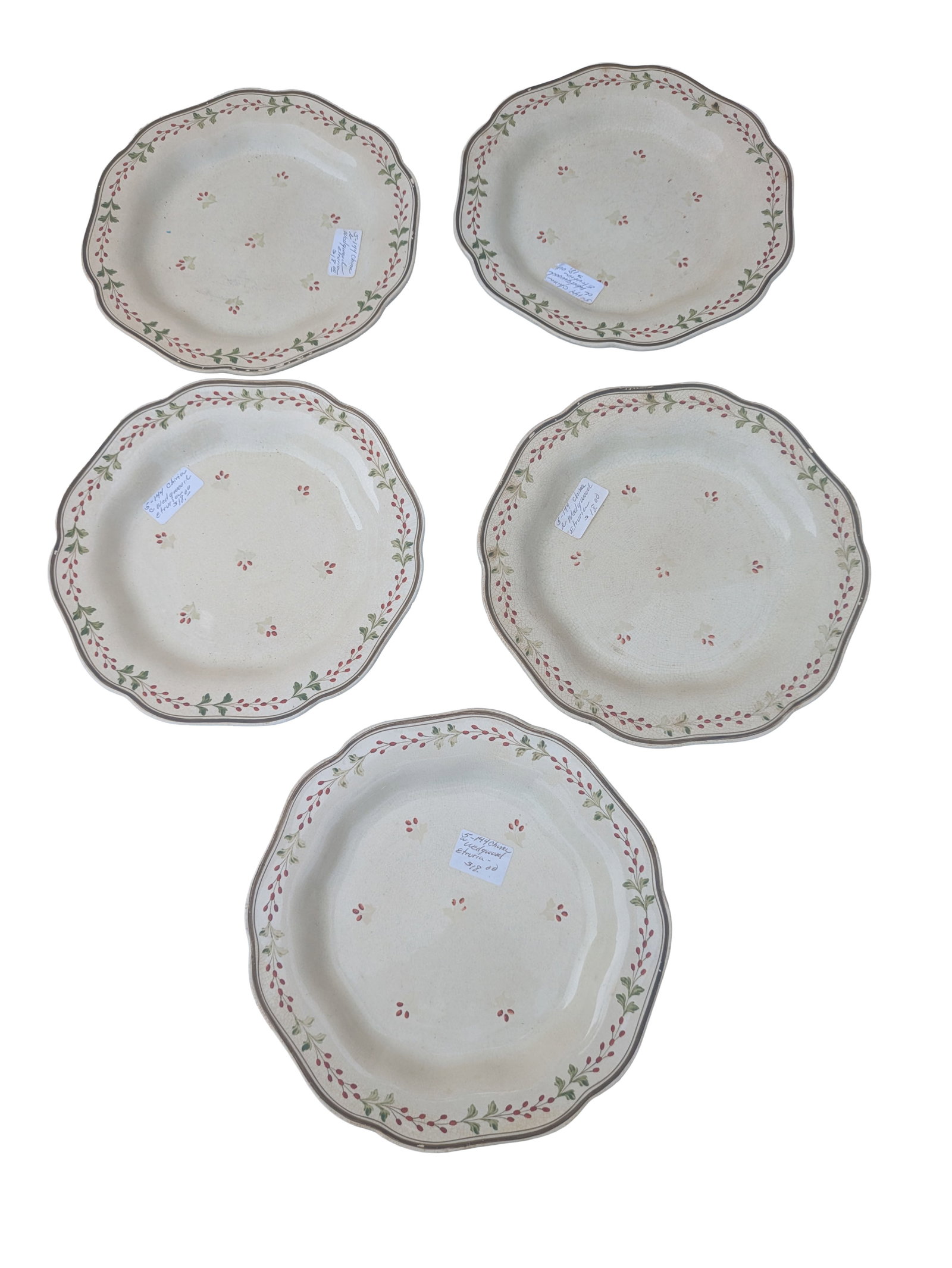 Five Wedgwood Etruria Plates.: Diameter 9 inches. Overall crazing, a few small chips and cracks.