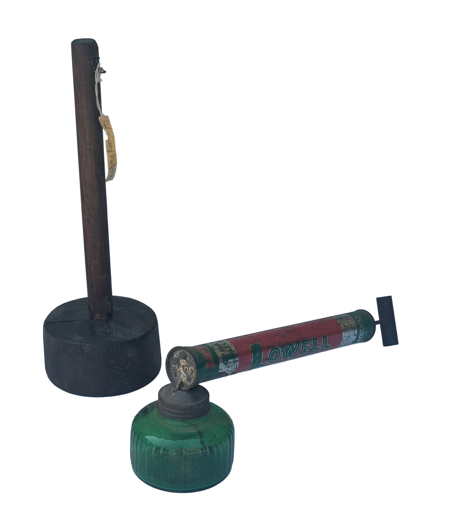 Lowell Sprayer Duster and a Wooden Mallet.: Length of mallet 13 inches.