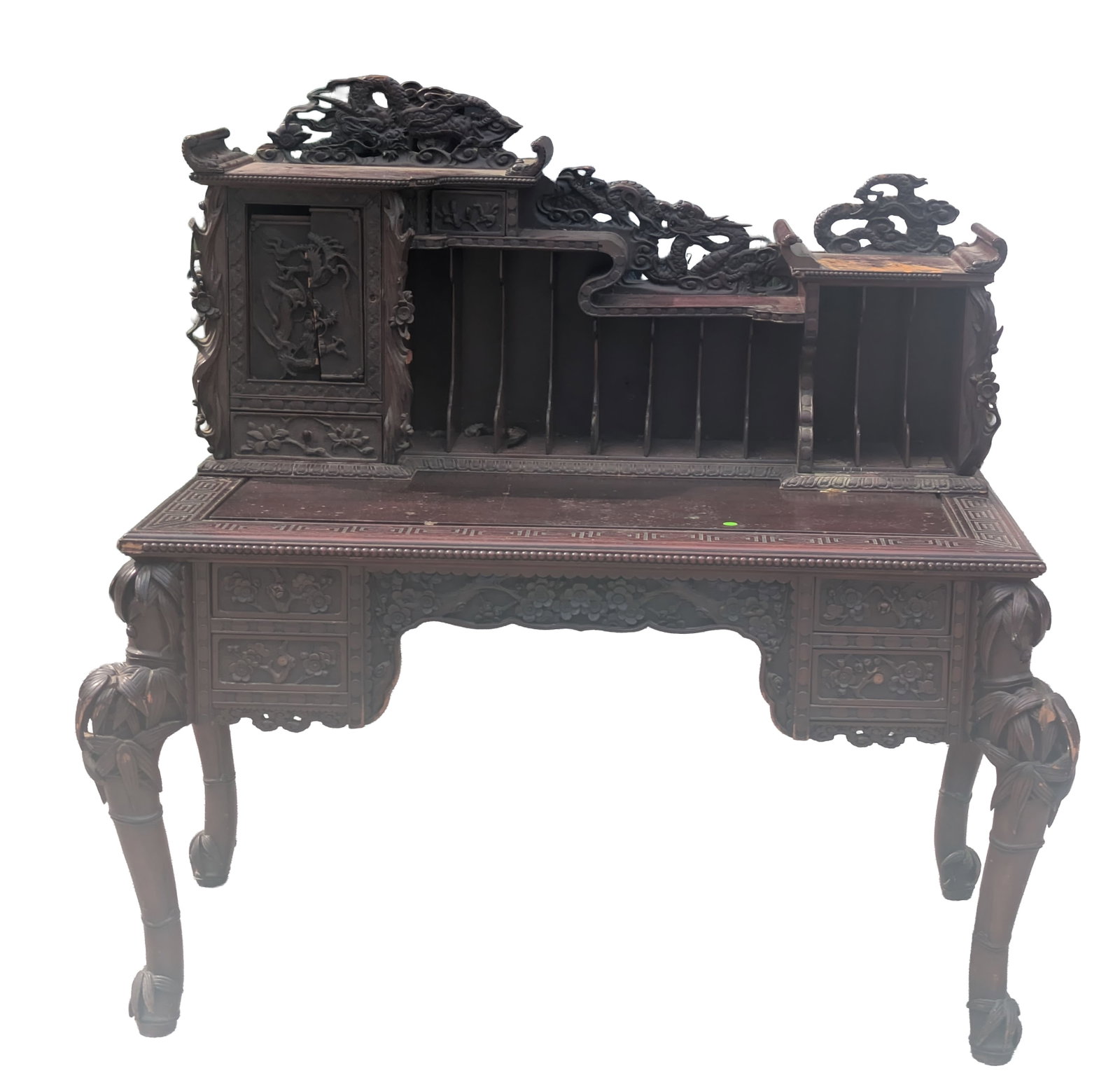 Ornate Chinese Carved Desk.: Height of desk 28 inches, width 48 inches, depth 27 inches. Top in need of restoration, base with some minor losses.