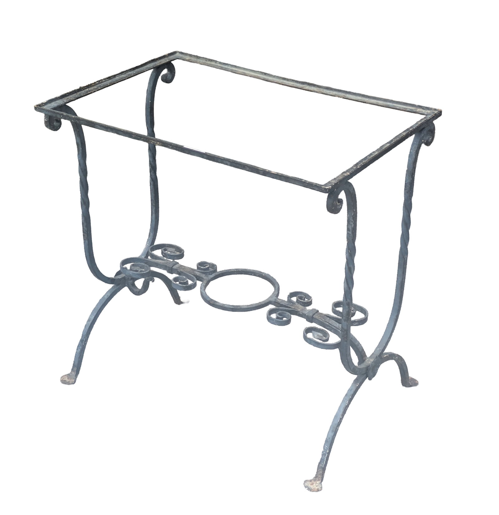 Wrought Iron Side Table.: 24 x 24 x 16 inches. Lacking glass top.