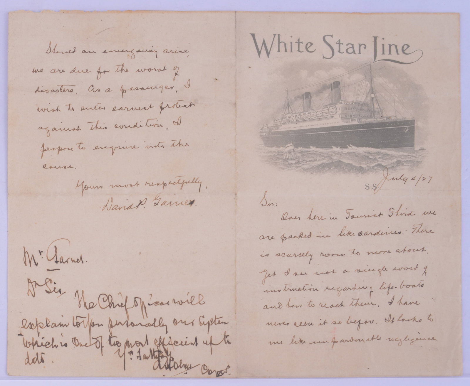 1927 White Star Line Complaint Letter.: Enumerating complaints about overcrowding and a lack of lifeboats.