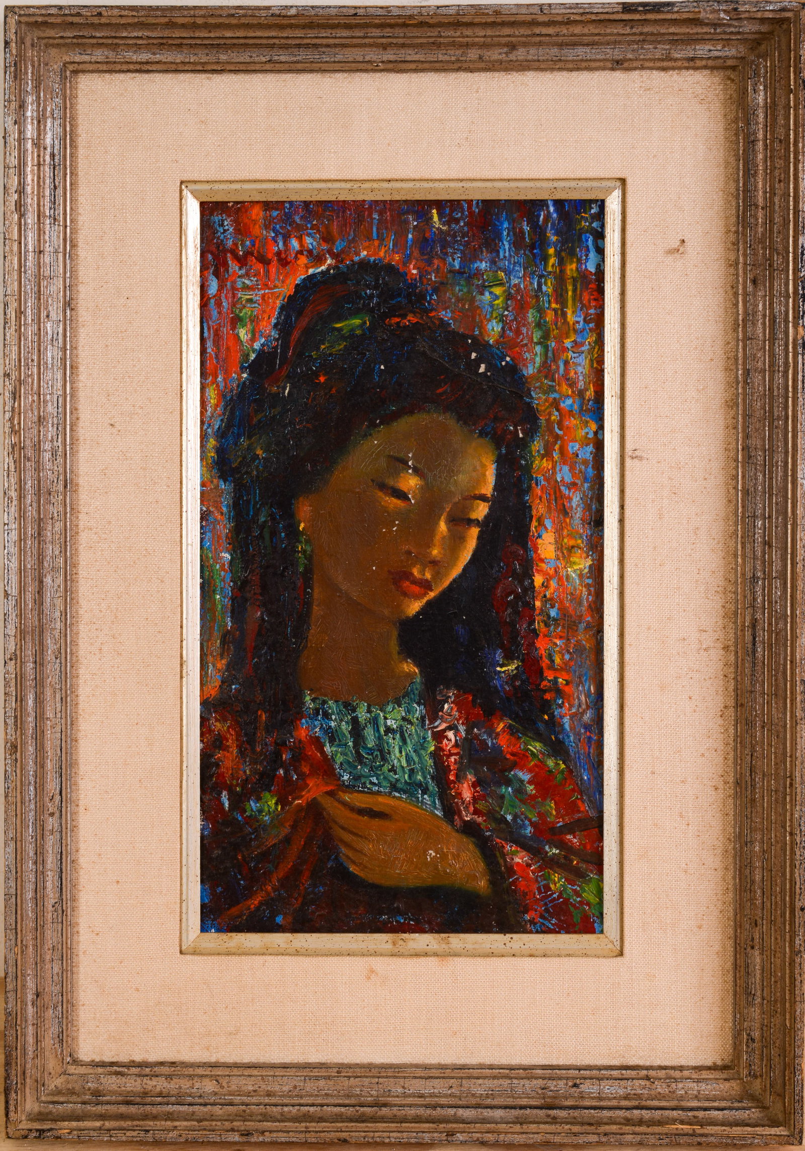 Portrait of a Woman, By Mori.: Oil on canvas, 16 x 9 inches. Framed, 23 x 16 inches. Some paint loss.