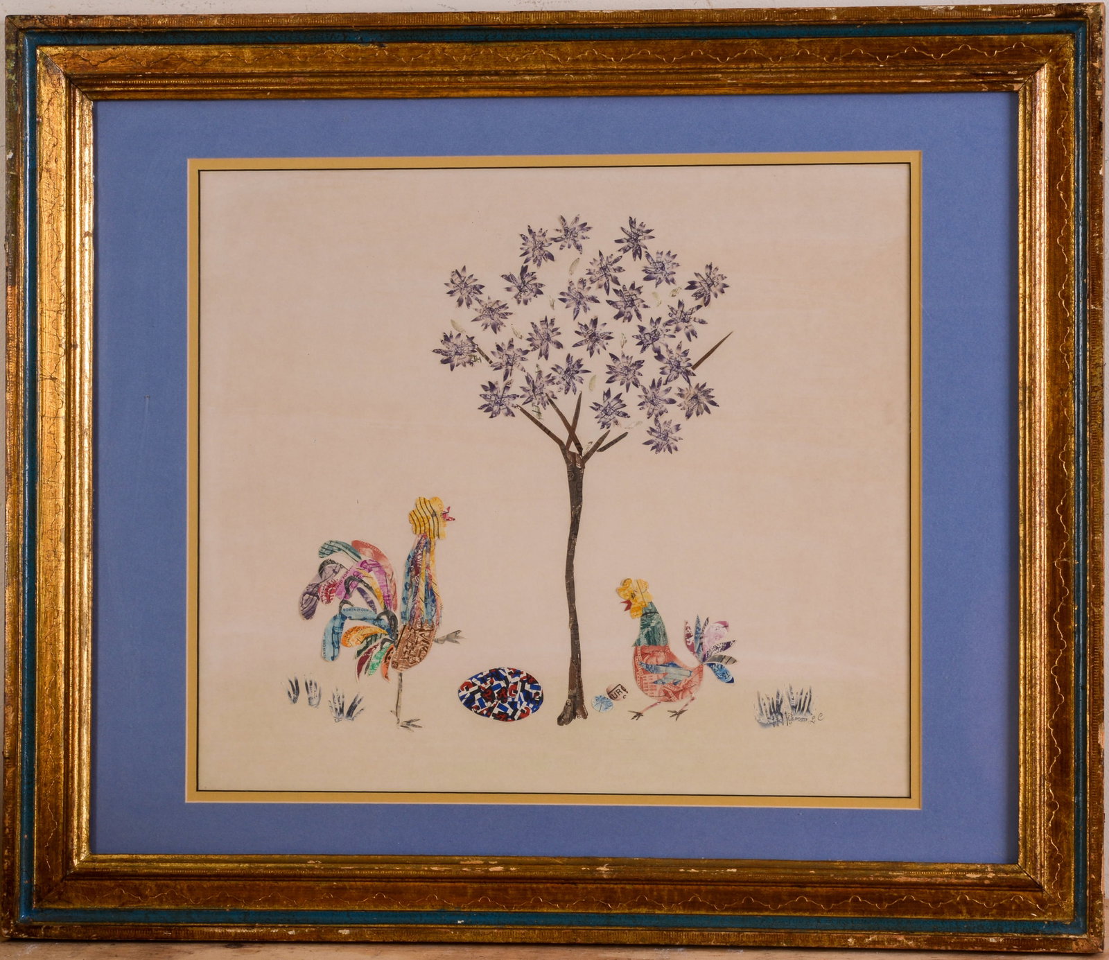 Collage Illustration With Two Chickens and a Tree.: 14 x 16 inches, sight. Framed, 21 x 25 inches.