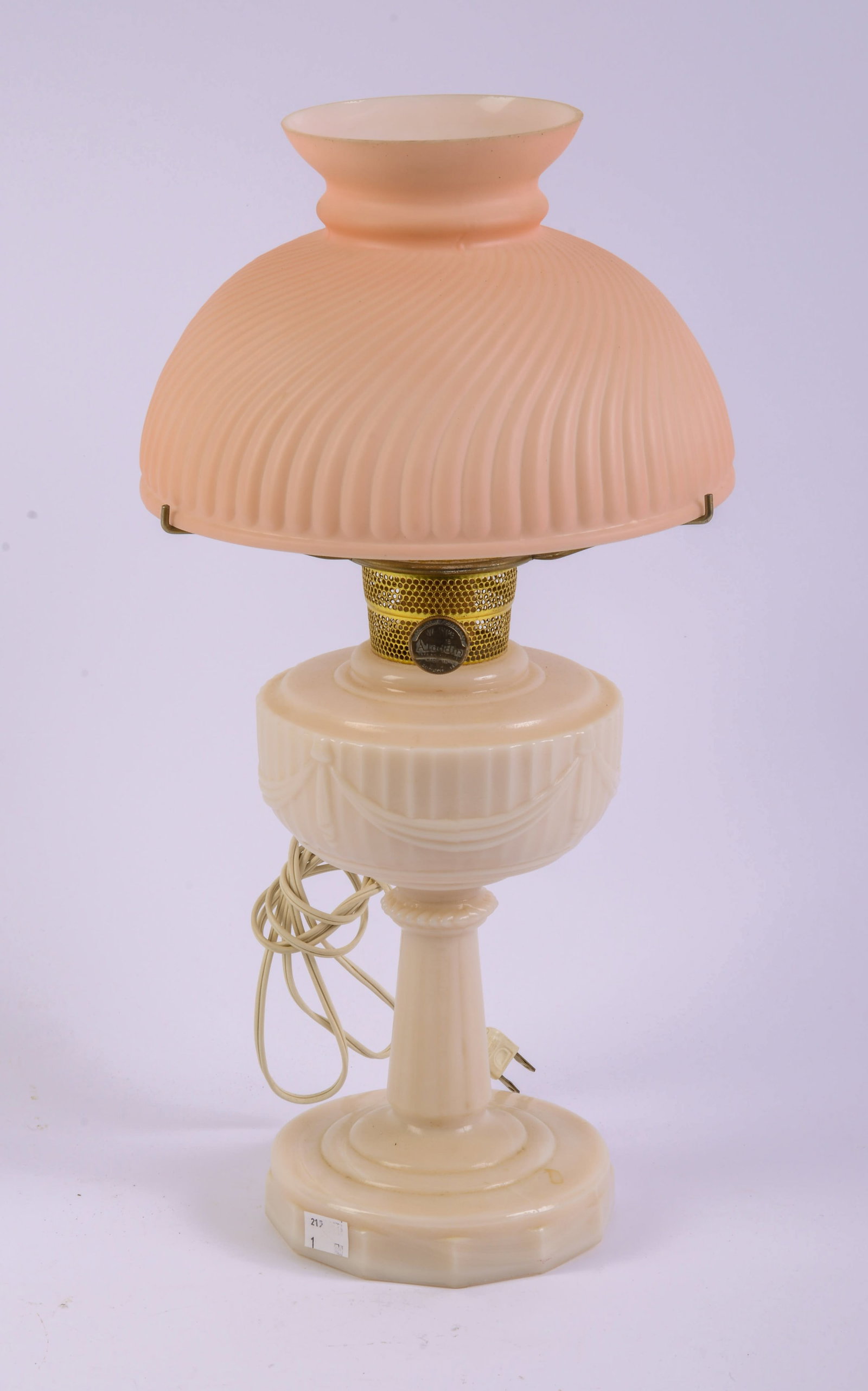 Milk Glass Oil Lamp: Height 14 inches, fitted for electricity.