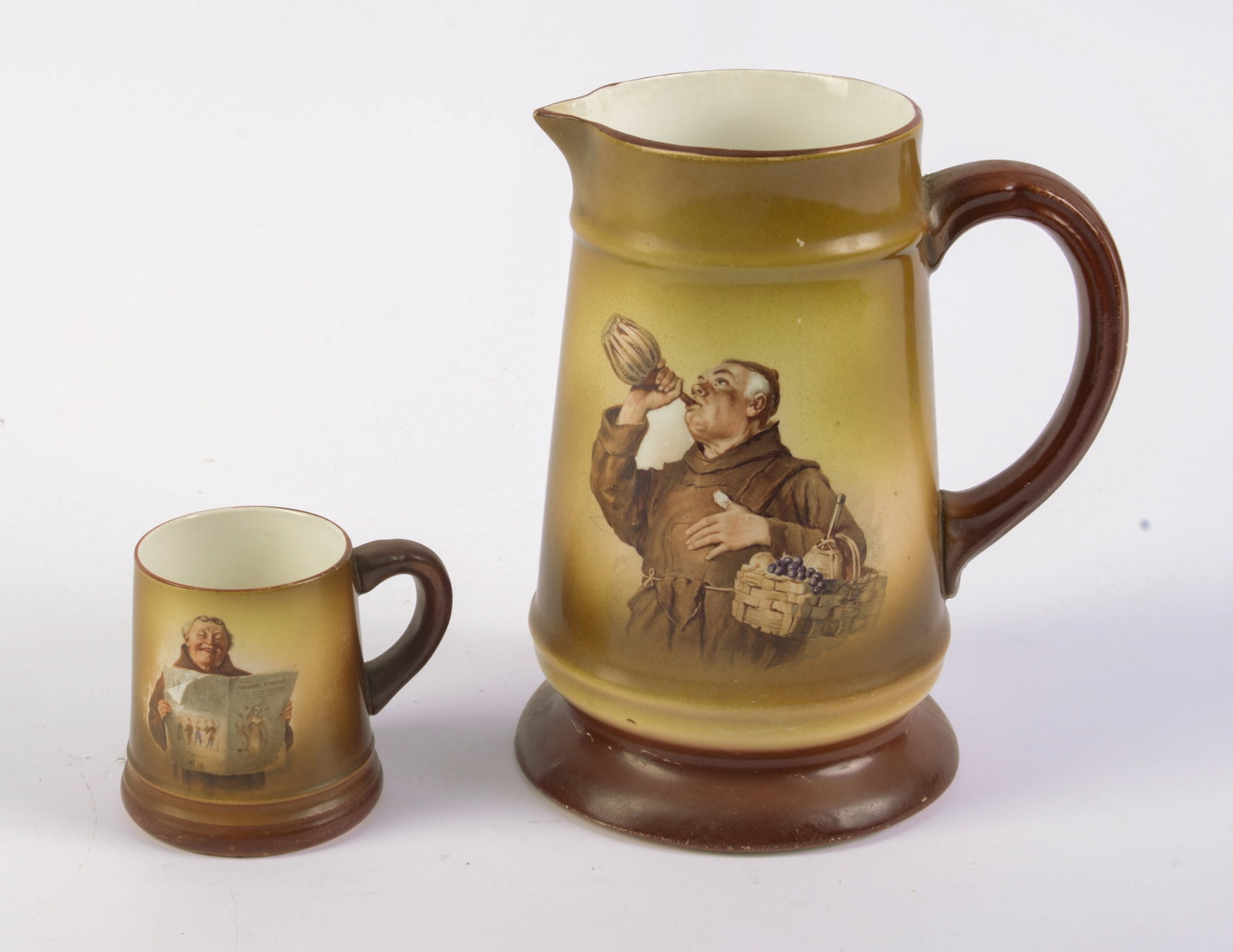 Two Porcelain Pieces With Monks.: Pitcher, height 7.25 inches, and a mug. Good condition.