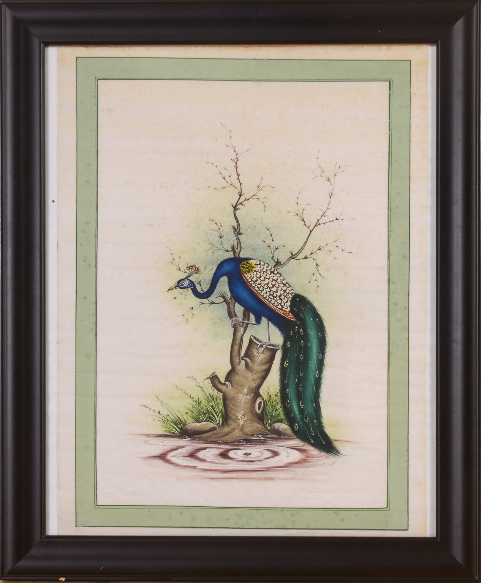 Chinese Painting on Silk of a Peacock.: Framed, 23 x 19 inches.