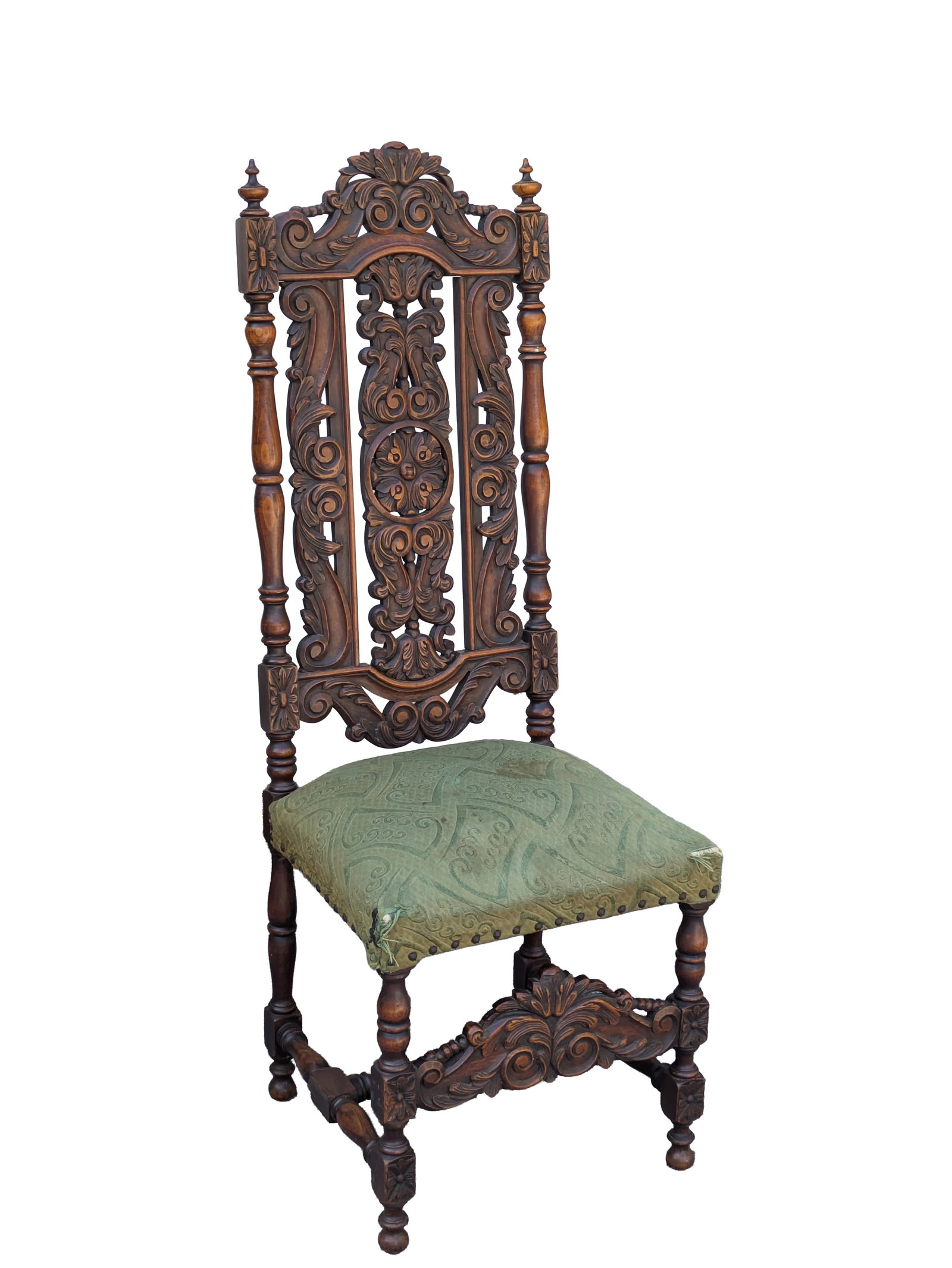 Early European Carved Side Chair.: Seat height 19 inches, overall height 52.5 inches, width 18 inches, depth 18 inches.