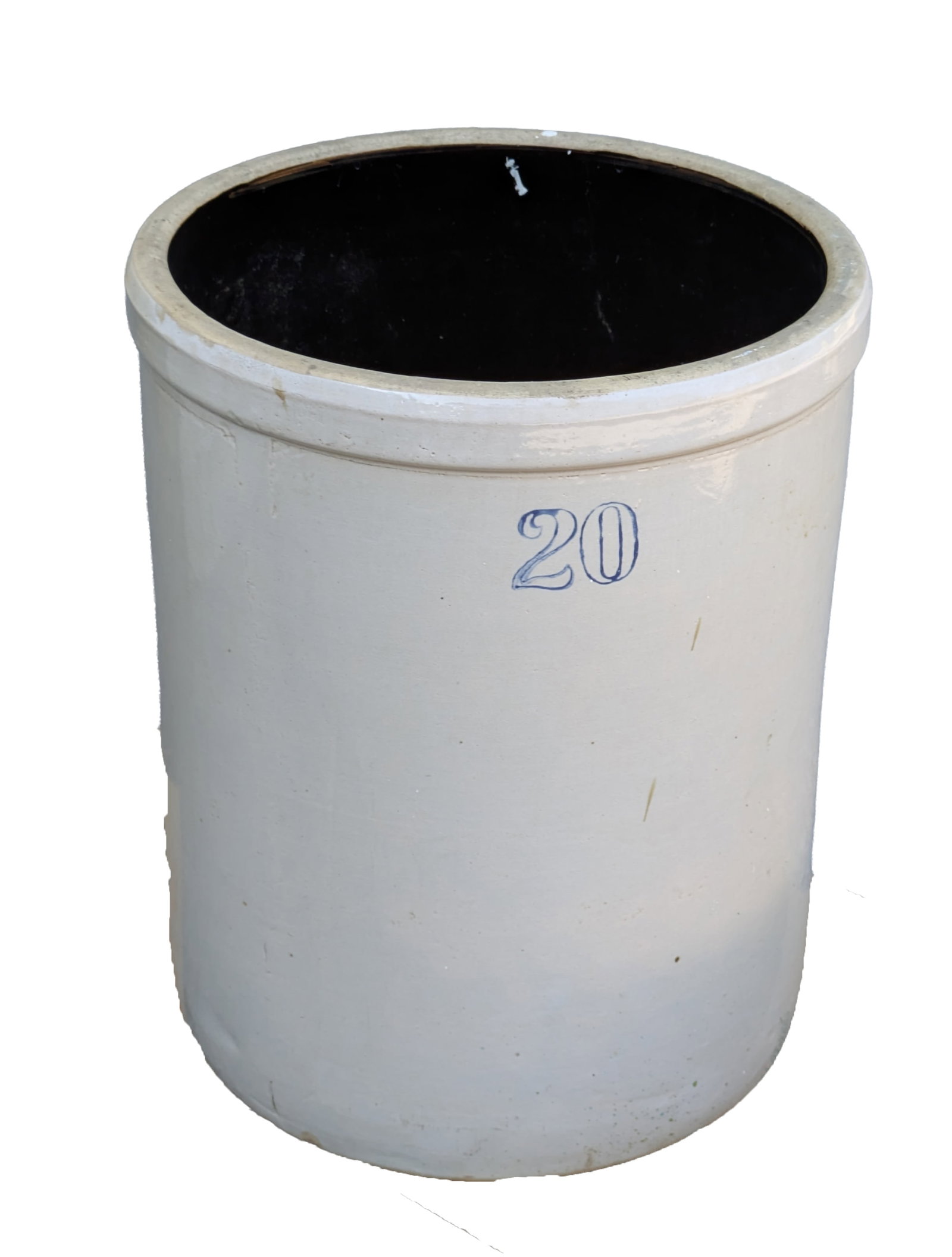 Very large 20 Gallon Stoneware Crock.: Height 22.5 inches, good condition.