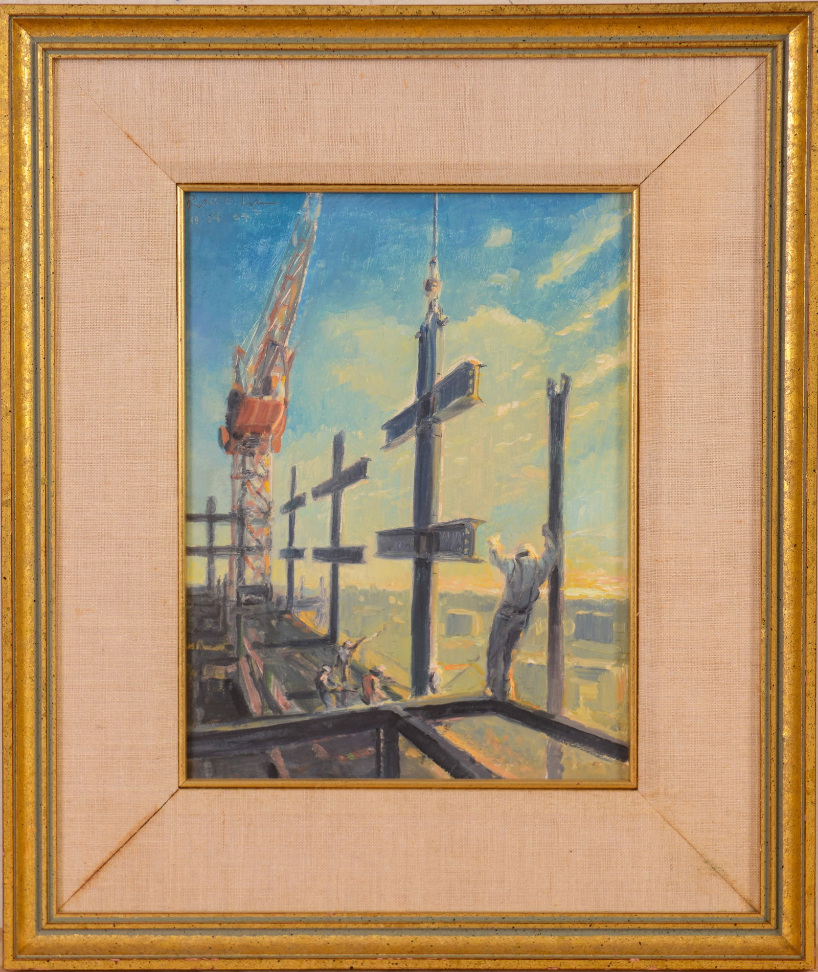 Mid Century Painting of a Highrise Construction Site.: Oil on board, 12 x 9 inches. Framed.