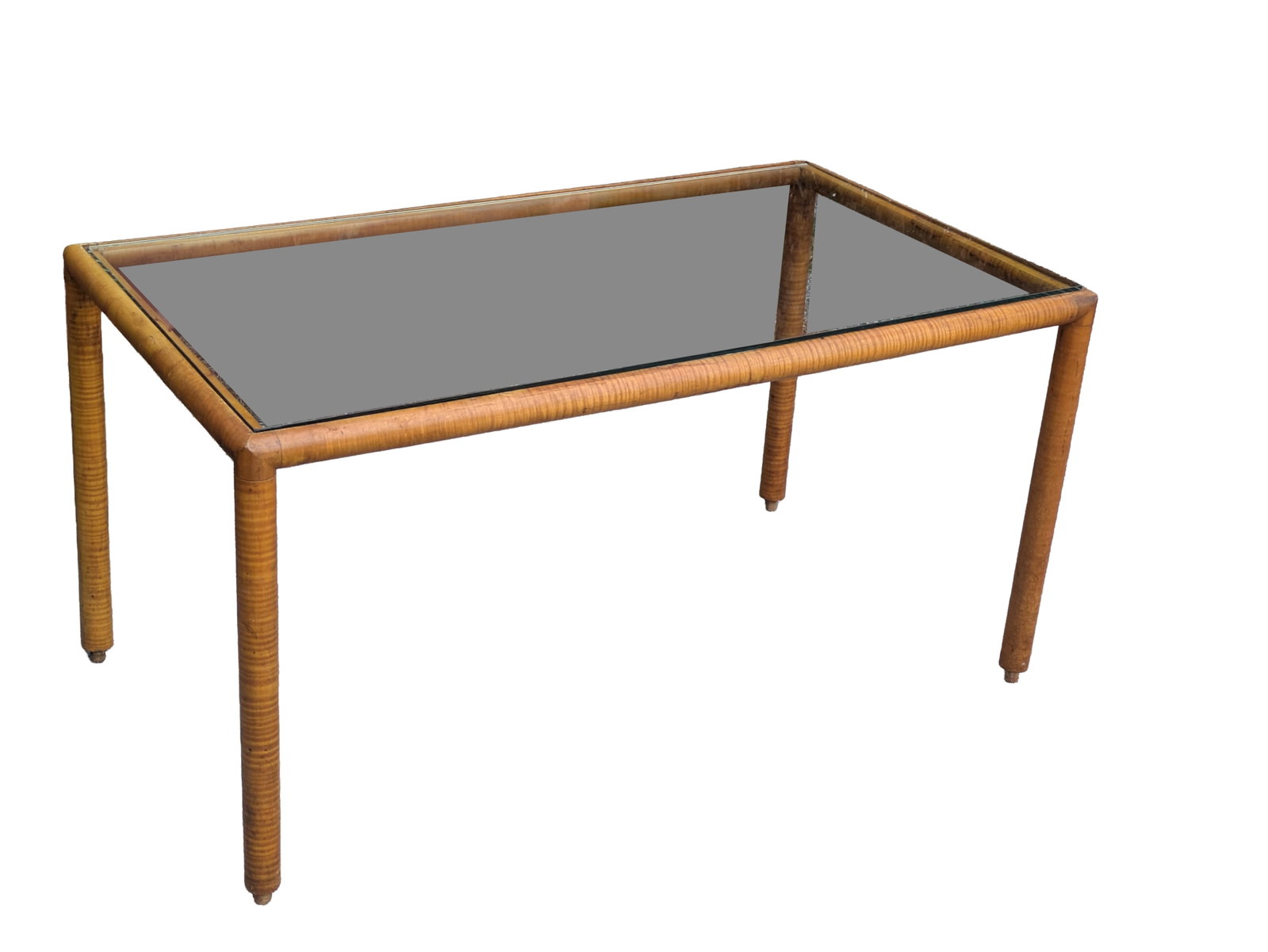 Tiger Maple Coffee Table With Glass Top.: Height 20 inches, width 38 1/2 inches, depth 22 inches.