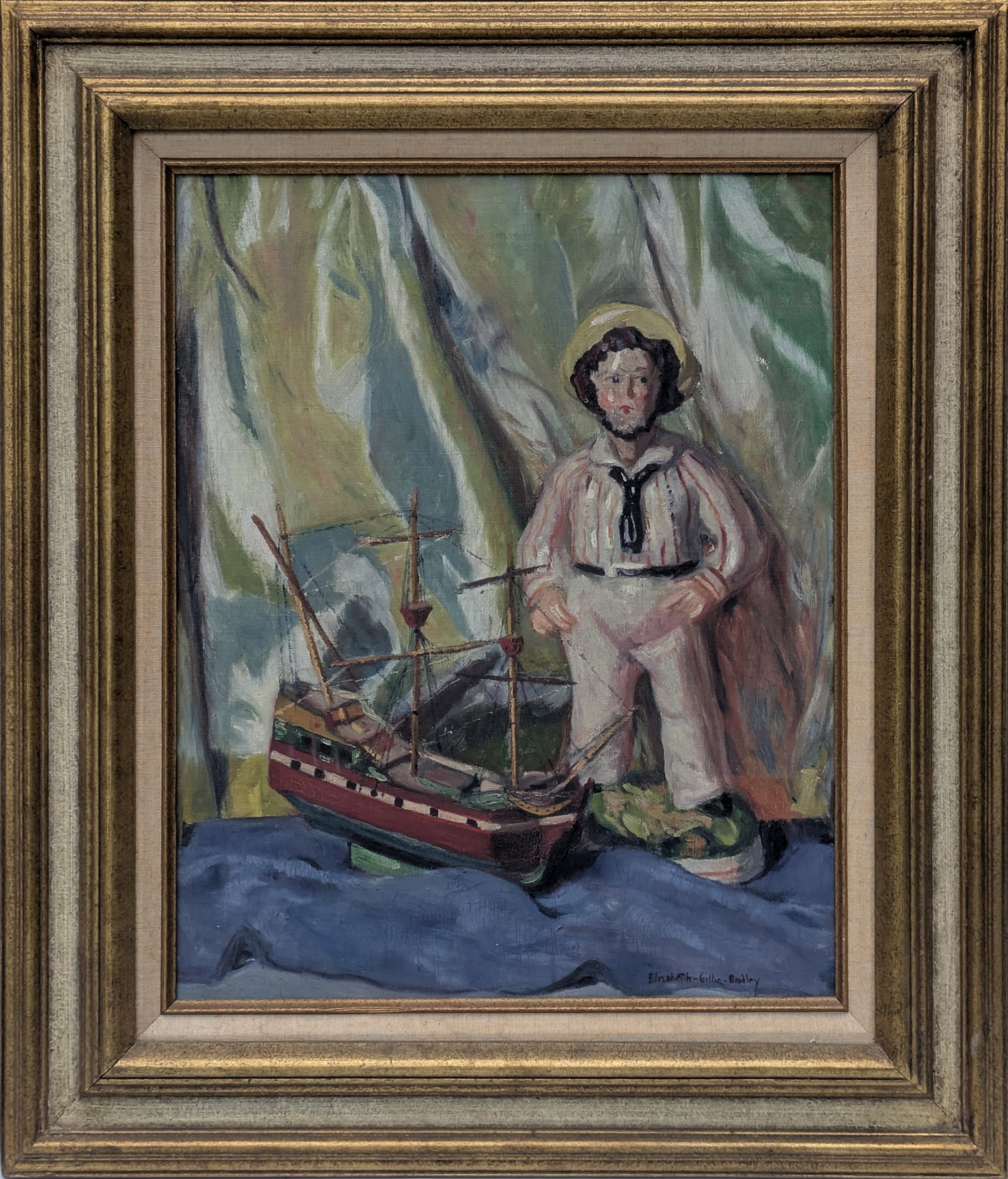Mid 20th Century Portrait of a Sailor Boy beside Ship Model.: Signed LR Elizabeth Bradley. Oil on canvas, 16 x 20 inches. Framed, 24 x 28 inches.