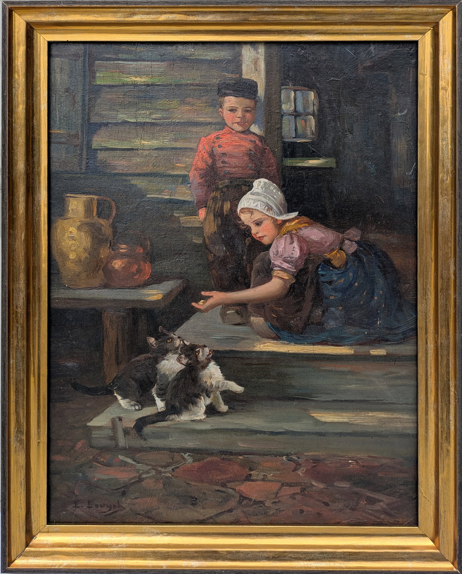 Genre Scene of Boy & Girl playing with two kittens.: Signed LL. Oil on canas, 14 1/2 x 20 1/2 inches. Framed, 17 x 23 inches.