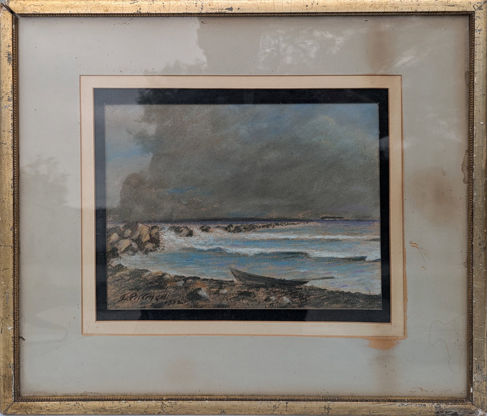 Ernest Eugene Pettengill (1886-1951 Mass) Dory on the Shore.: Signed LL & Dated 1932. Pastel on paper, 8 1/4 x 10 1/4 inches, sight. Framed, 16 1/2 x 18 1/2 inches.