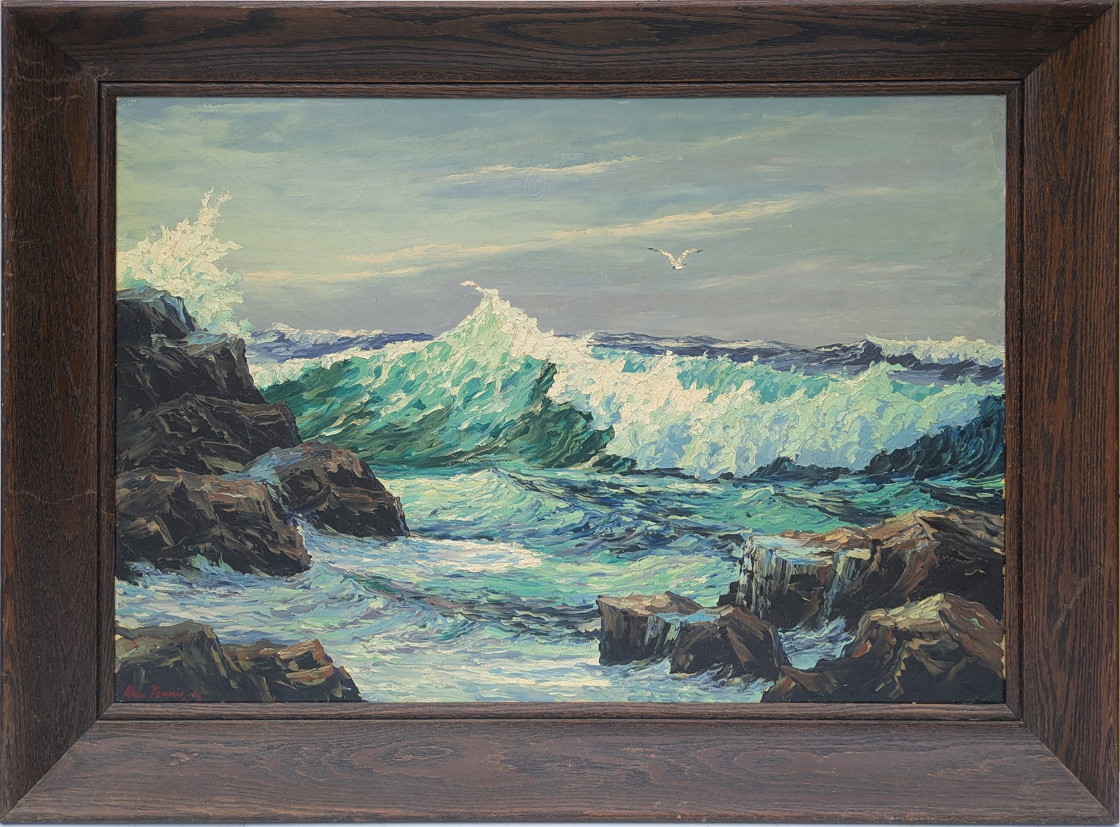 Alan W. Ferris Jr. (1927-1960 MA) Seascape With Crashing Waves.: Oil on canas, 24 x 36 inches. Framed, 30 x 42 inches.