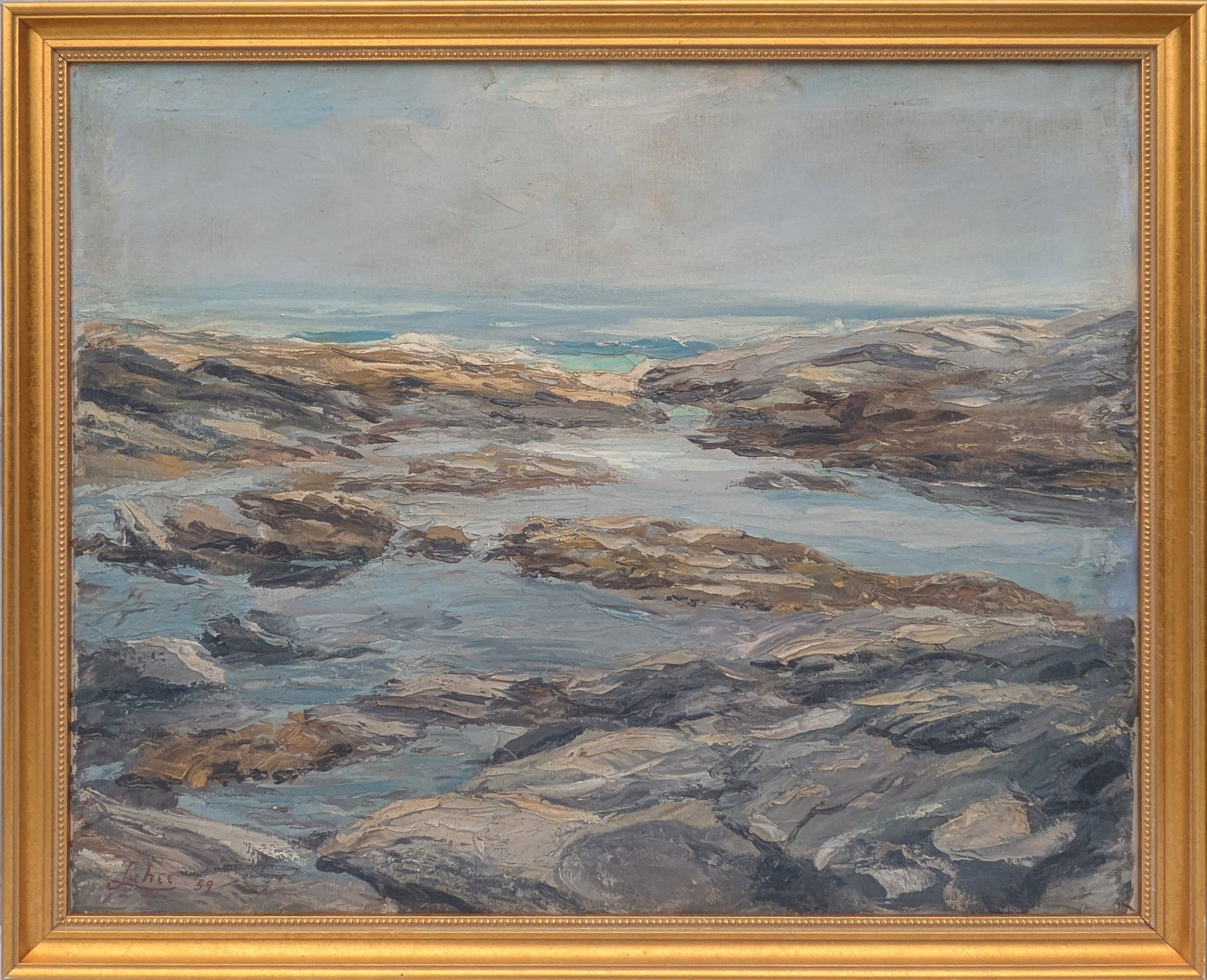 Pemiquid Point Low Tide 1959.: Signed LL. Oil on canvas, 25 x 30 inches. Framed, 28 x 33 inches.