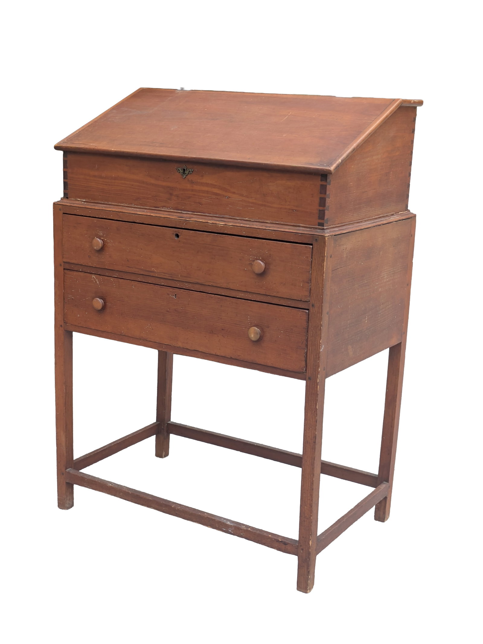 Early 19th C Schoolmaster's Desk on Frame: Having stand lid with fitted interior, dovetail construction, two long drawers H 54, W 37 1/2, D 23 1/2