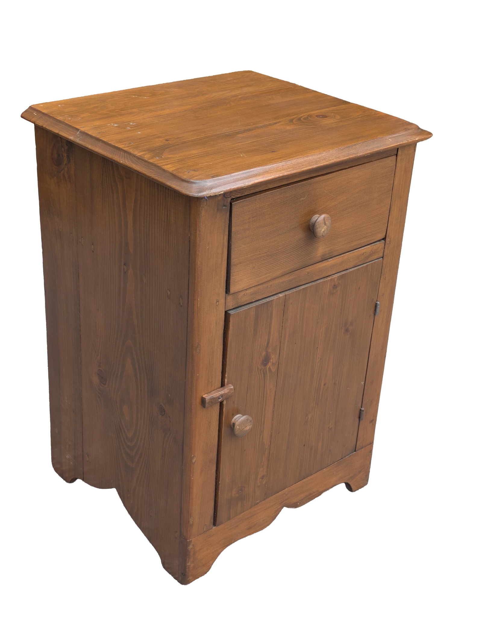 19th C Pine Night Stand: Having molded top, over drawer & door compartment. Height 29 inches, width 20 1/2 inches, depth 17 1/2 inches.