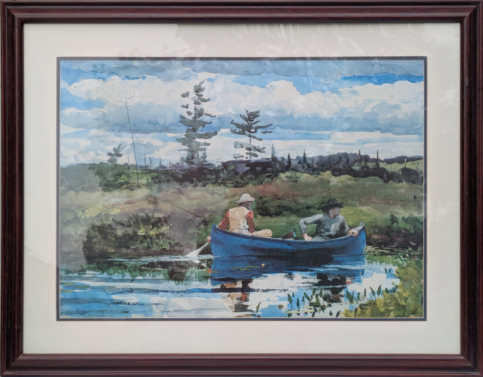 Print of W/C by Winslow Homer of Two Fisherman in a Canoe.: Framed, 28 x 36 inches.