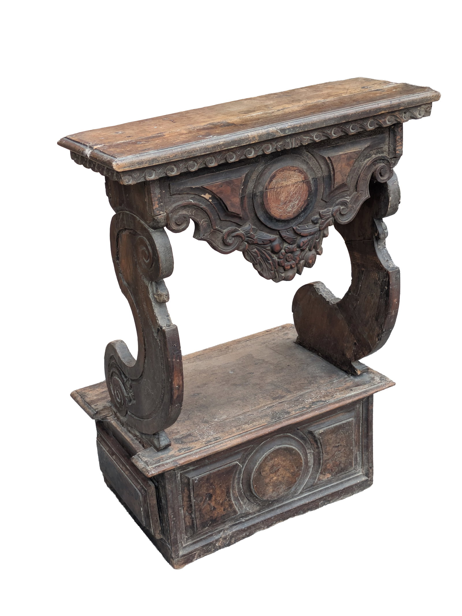17th C Italian Carved Kneeling Bench.: Height 37 1/2 inches, width 24 1/2 inches, depth 19 inches. Some losses.