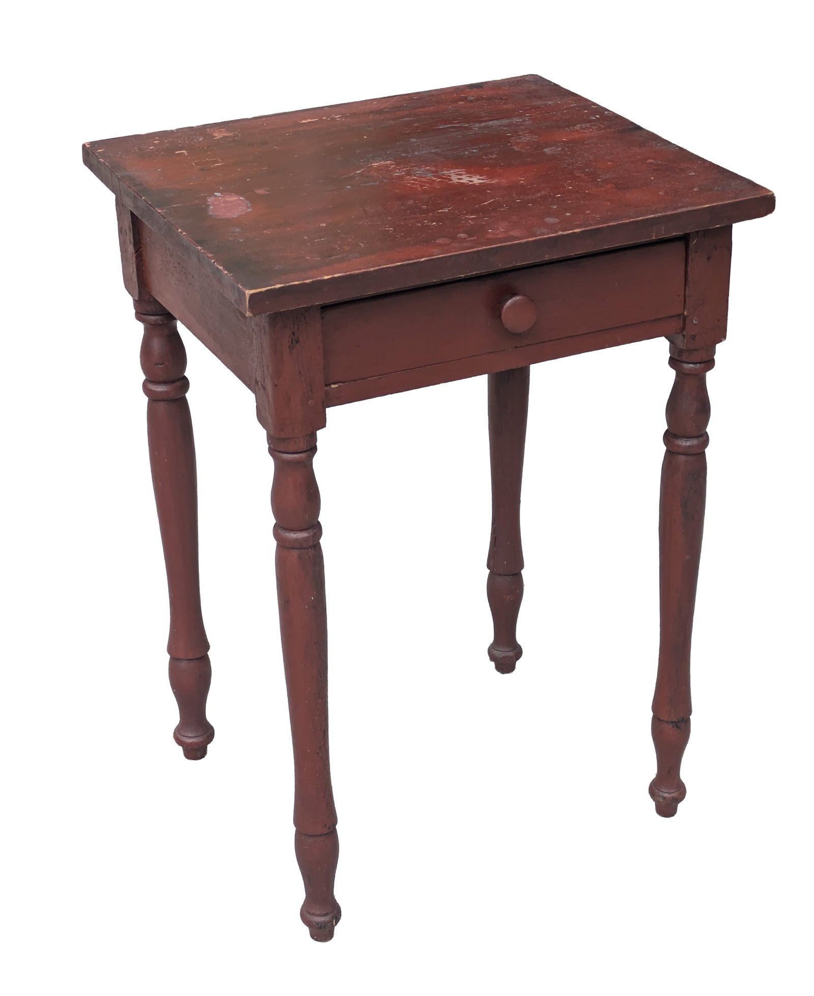 19th C Federal One Drawer Stand in Old Red Surface.: Height 28 inches, width 20 inches, depth 18 inches.
