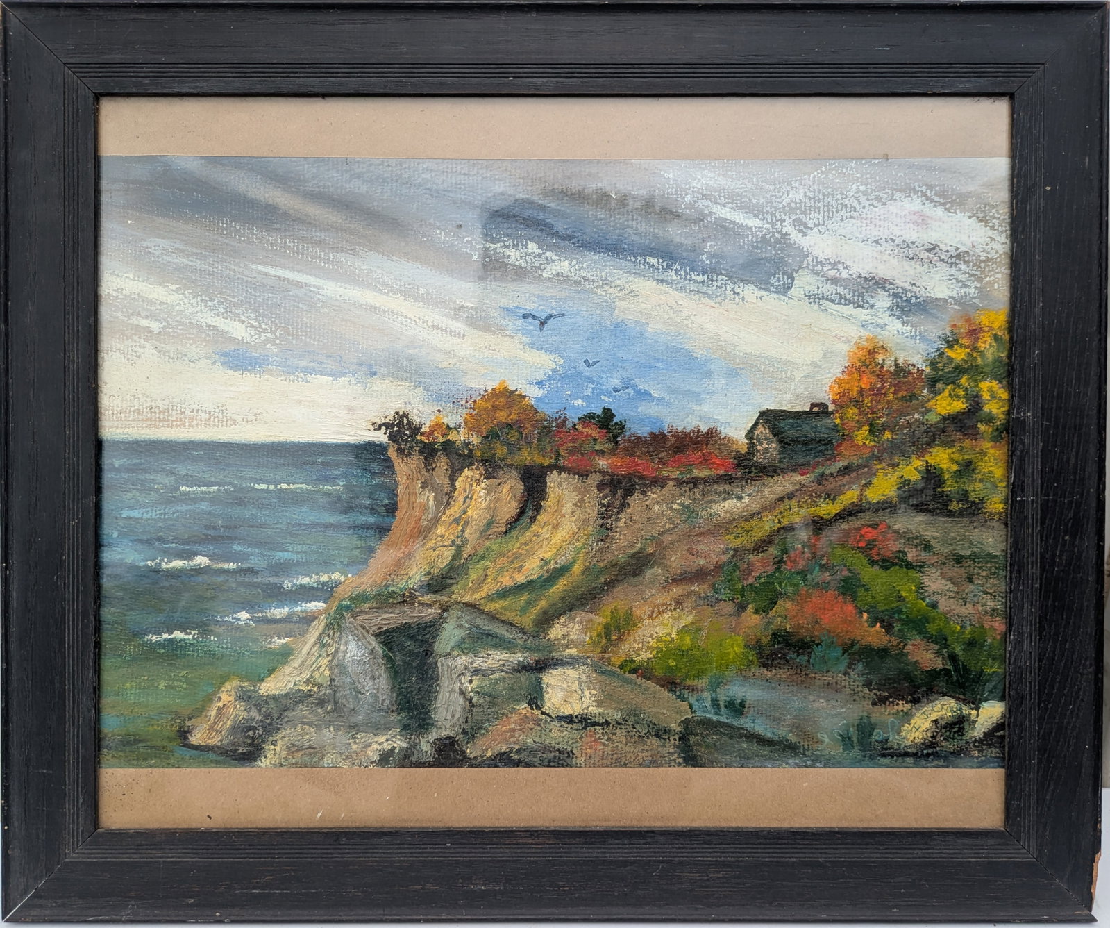 20th C American Seascape of House Near Cliff's Edge: Monogram LR I.J.C. dated 1959. Oil on papre, 14 x 20 inches. Framed, 21 x 24 inches.