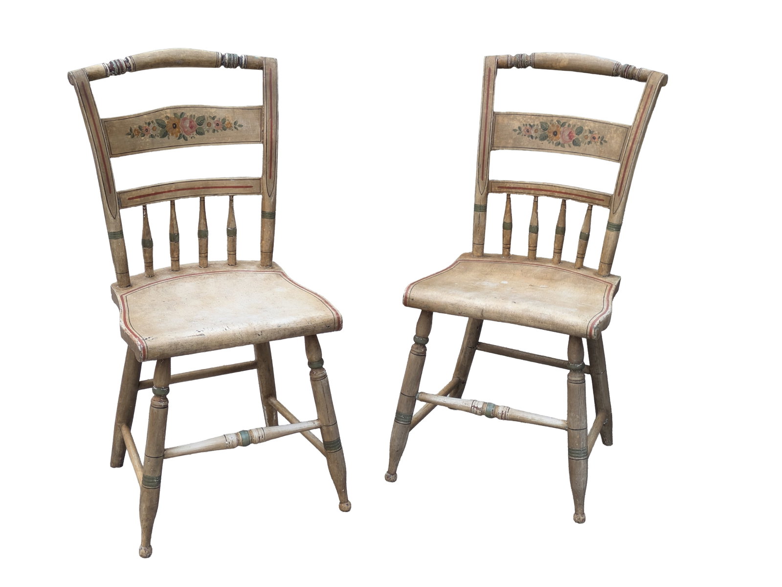 Pair of 19th C Chairs: Retaining Original Paint with Floral Decoration. Height 36 inches, width 16 inches, depth 15 1/2 inches.