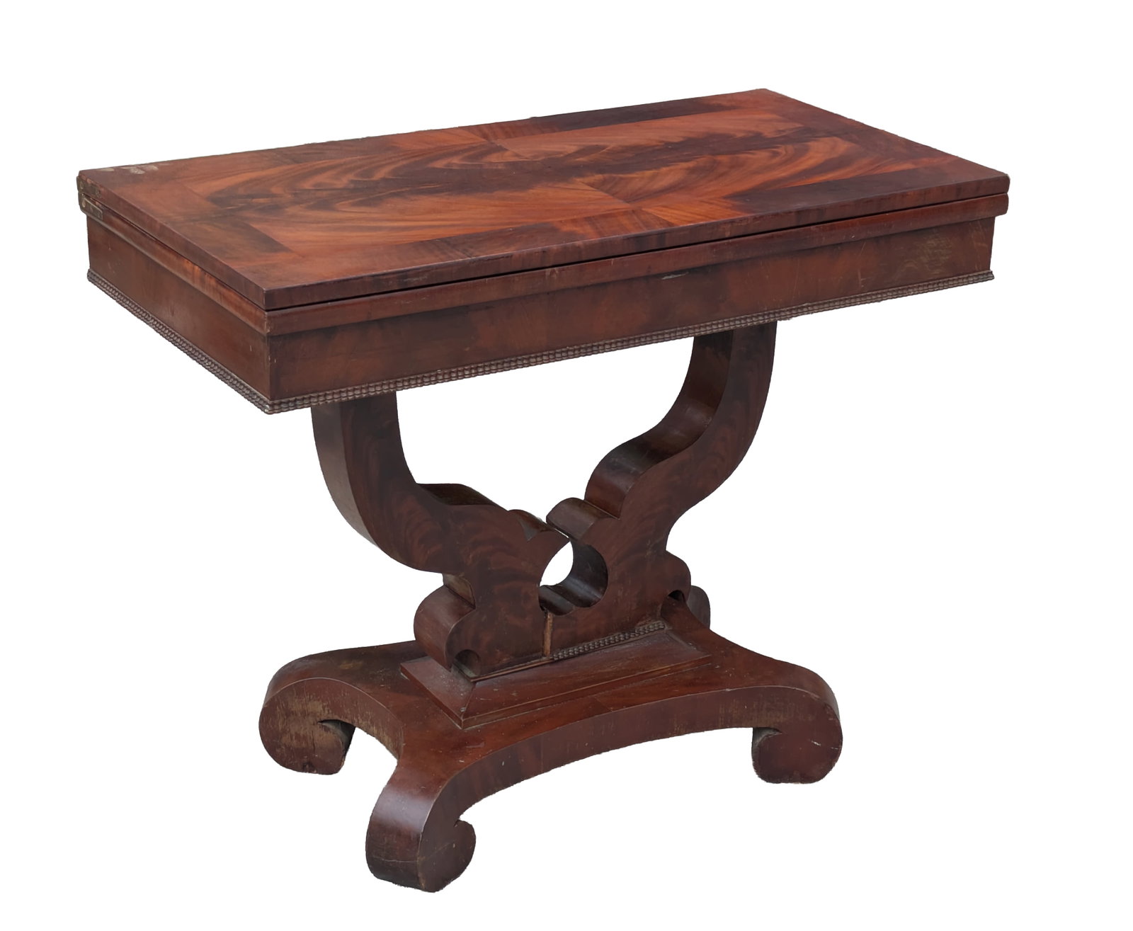 Early 19th C Mahogany Swivel Top Card Table: Height 28 inches, width 34 inches, depth 17 inches.