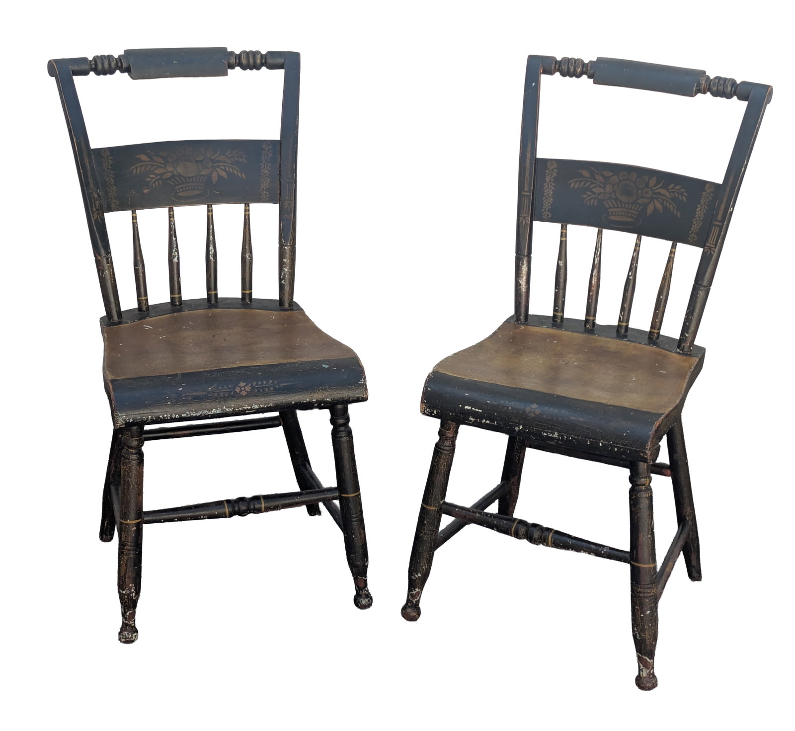 Pair of Paint Decorated Side Chairs.: Height 33 inches, width 16 inches, depth 16 inches.