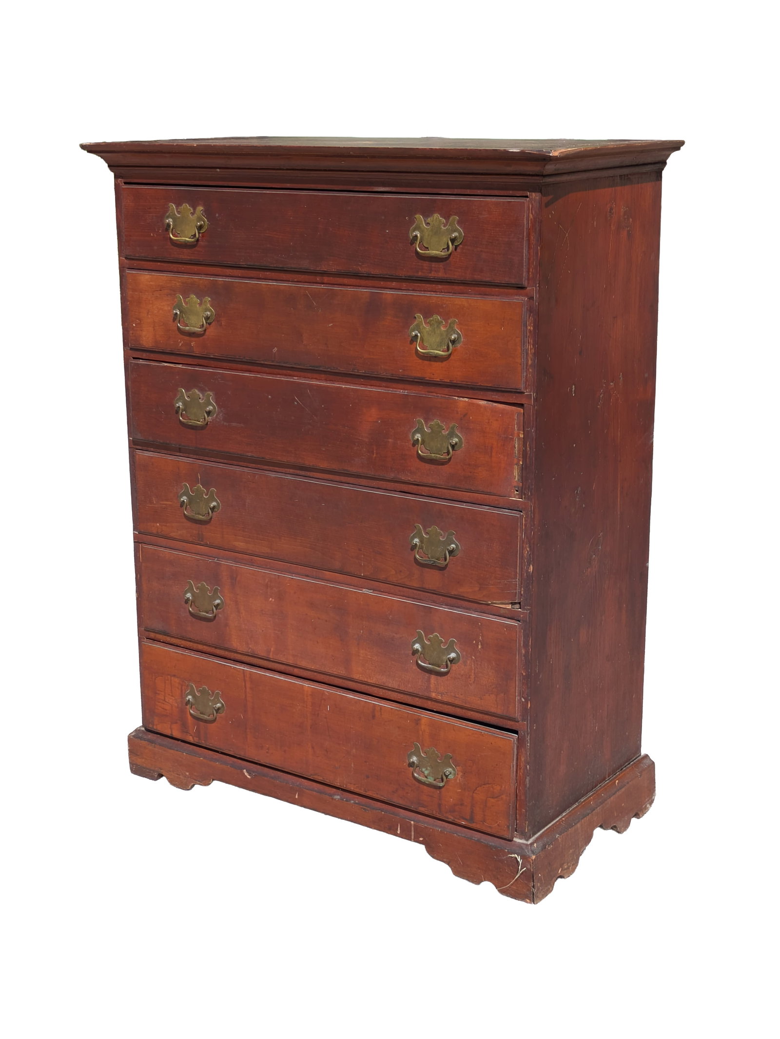 New England Cherry Six Drawer Chest.: Height 51 inches, width 36 inches, depth 20 inches. Feet cut down, some repairs needed.