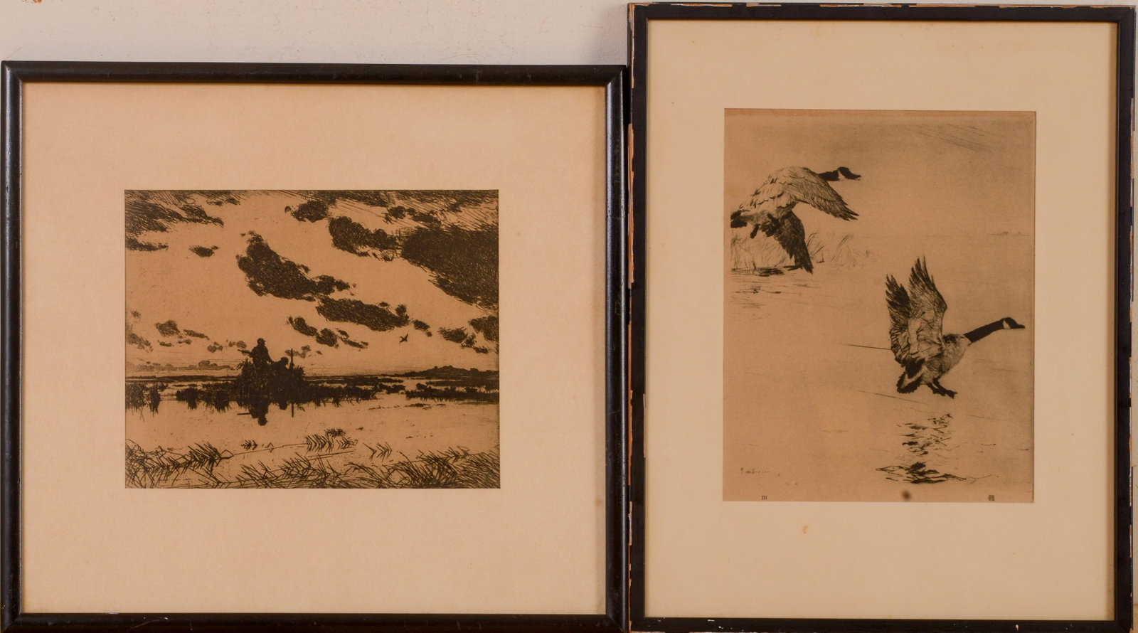 Two Frank Benson Lithographs.: Geese Alighting, and The Gunner's Blind. Framed, 14.5 x 11.5 and 13 x 14.5 inches.