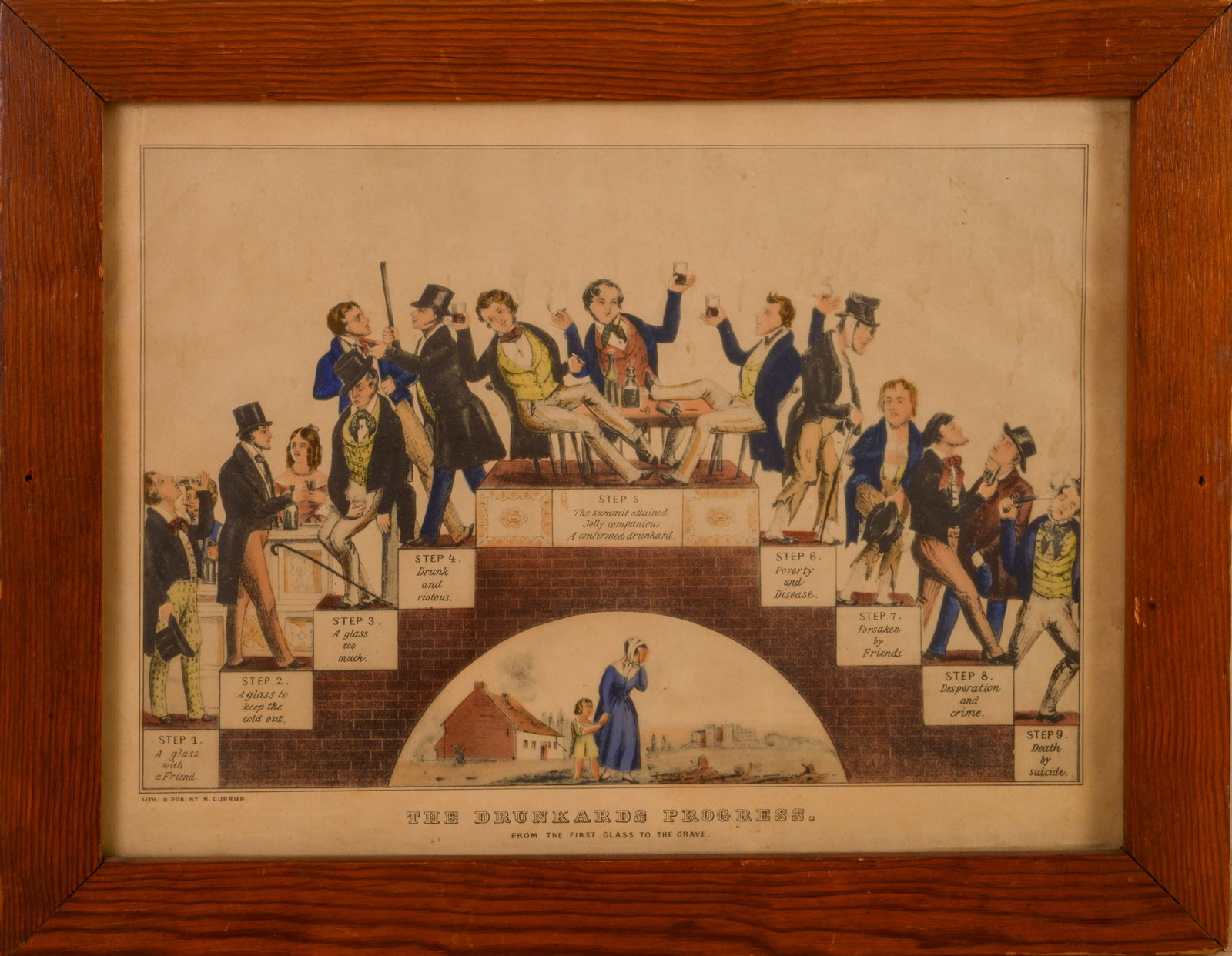 N. Currier. The Drunkard's Progress.: Handcolored lithograph, framed, 14 x 18 inches.