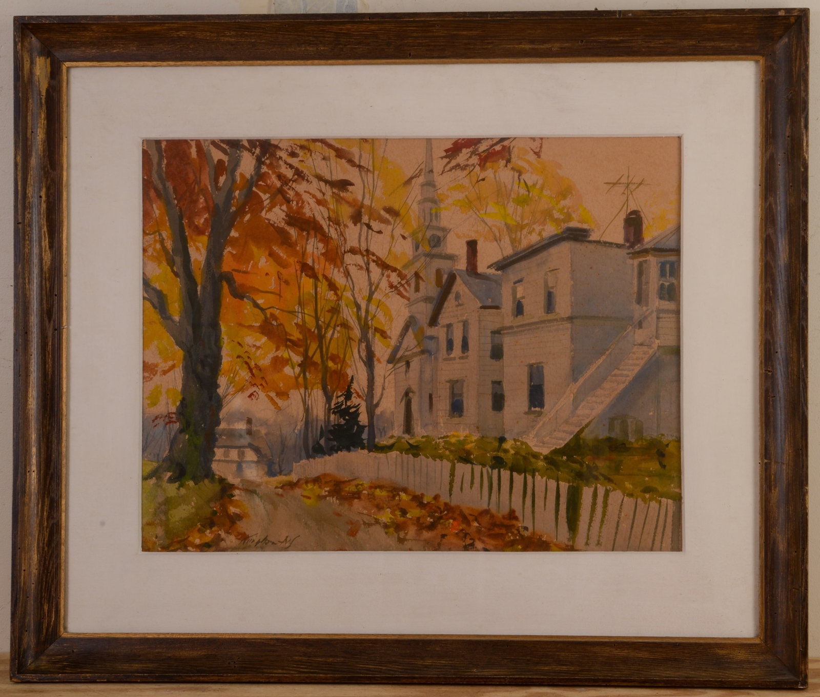 Watercolor of a New England Church.: Signed indistinctly lower left, framed, 30 x 36 inches.