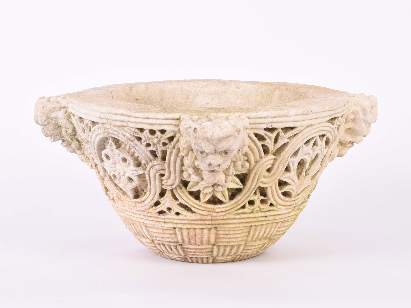 Carved Marble Planter With Lions.: Height 8 inches, diameter 14 inches.