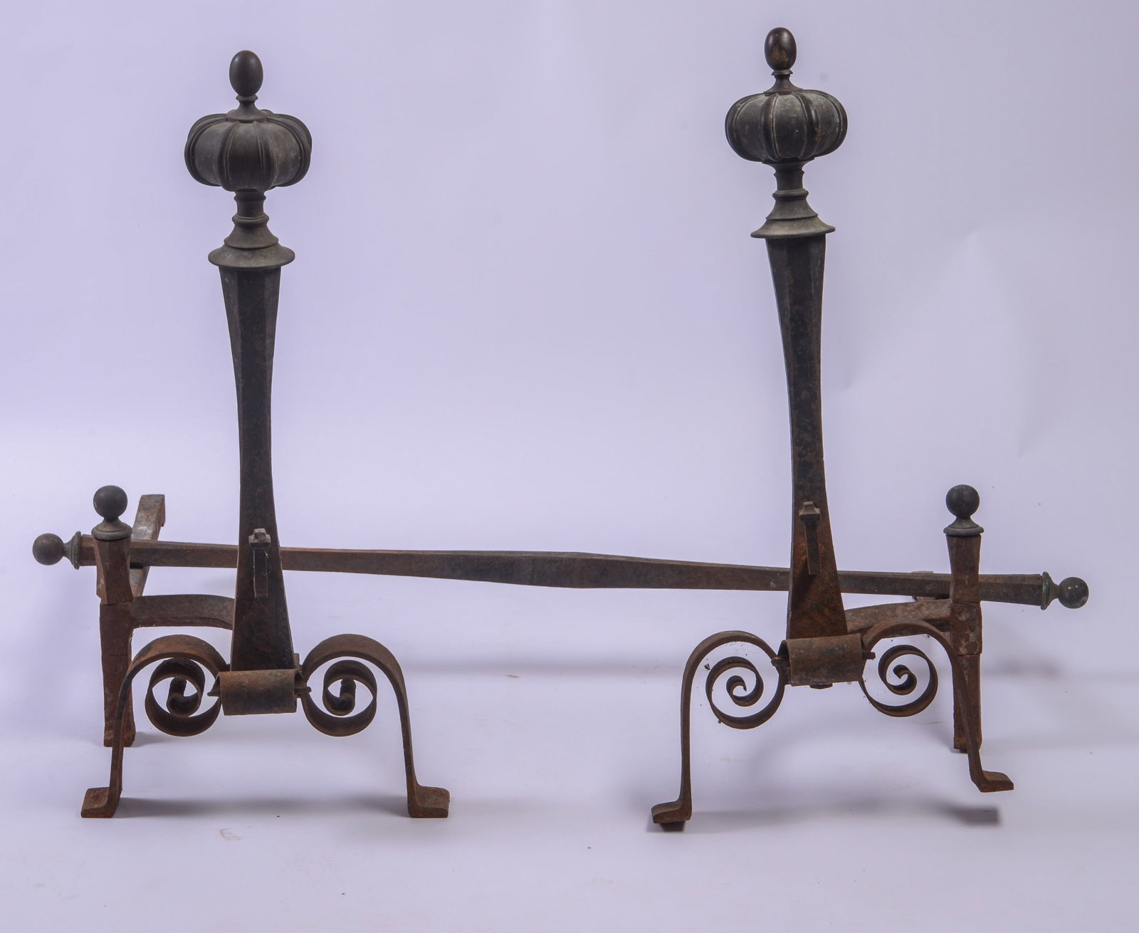 Pair of Very Large Wrought Iron Andirons.: Height 34 inches, width 13 inches, depth 30 inches. Back legs missing.