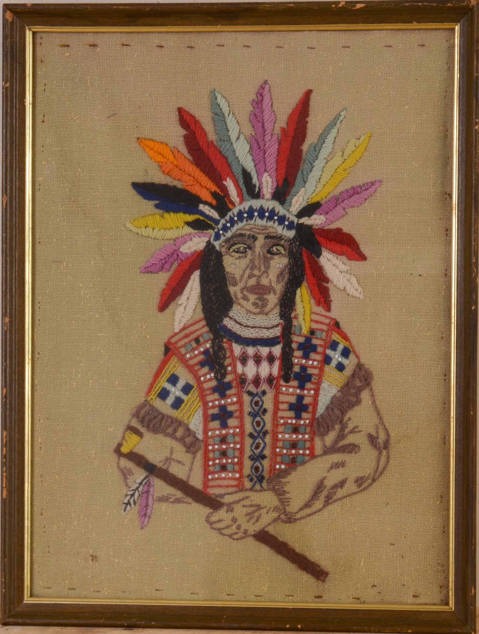 Needlework of a Native American: Framed, 26 x 20 inches.