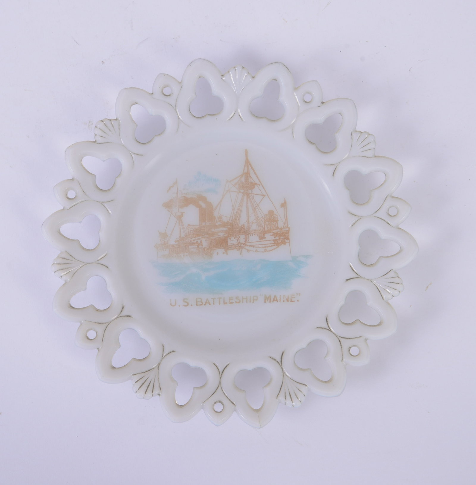 US Battleship Maine Milk Glass Plate.: Diameter 7.5 inches.