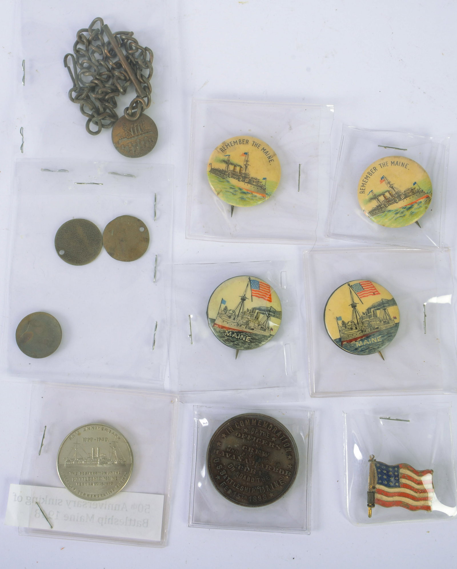 Group of Battleship Maine Commemorative Pins and Coins. (1 of 7)