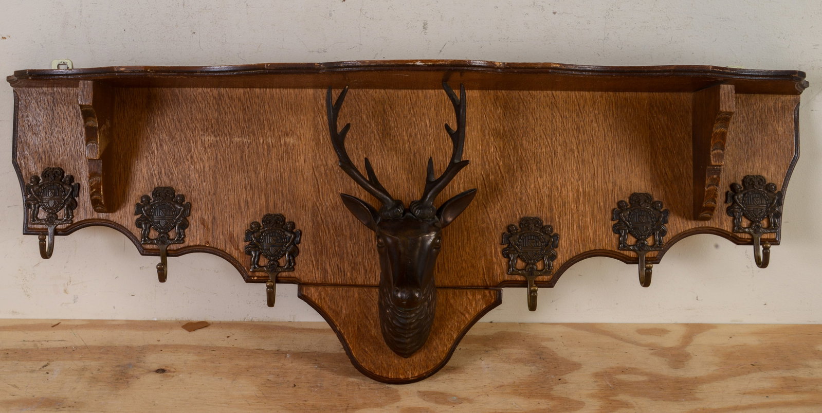 Oak Shelf With Elk.: Length 35.5 inches, height 14 inches, depth 8 inches.