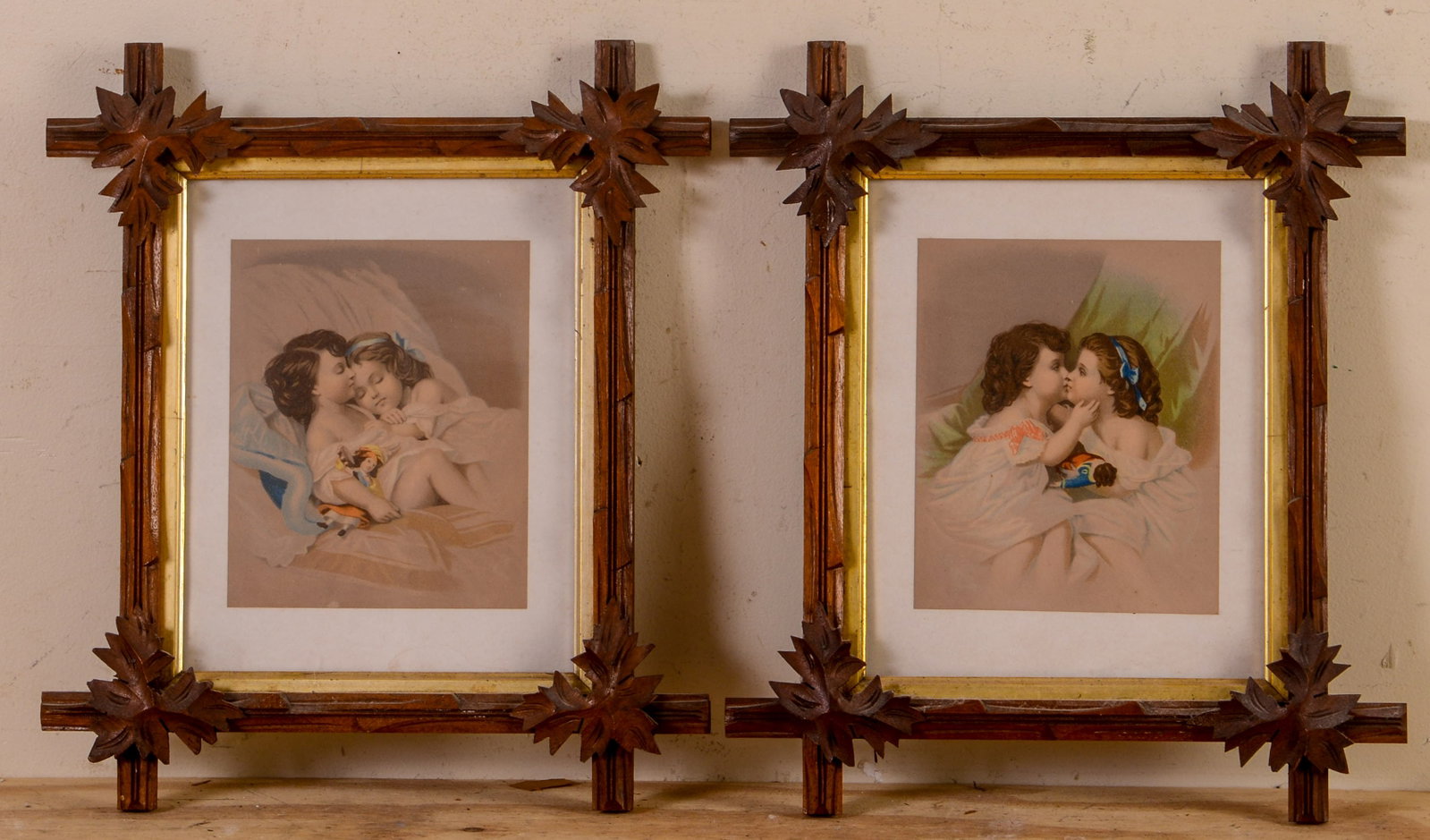 Pair of Victorian Prints With Hand Carved Frames.: Rabbet 10 x 8 inches, overall 15 x 13 inches.
