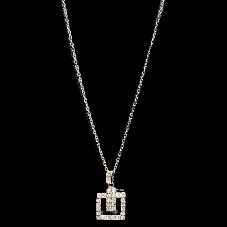 Antique Art Deco Sterling Silver Diamond Pendant Necklace: Antique Sterling Silver Square Diamond Pendant Necklace. Made during the early 1900s, this sterling silver and diamond square pendant is a breathtaking piece and in like new condition. Item Total Weig