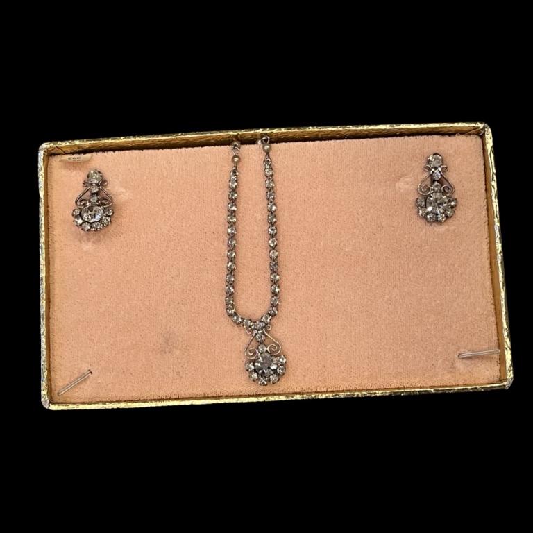 Art Deco Sterling Silver White Sapphire Necklace & Earrings Jewelry Set (1 of 5)