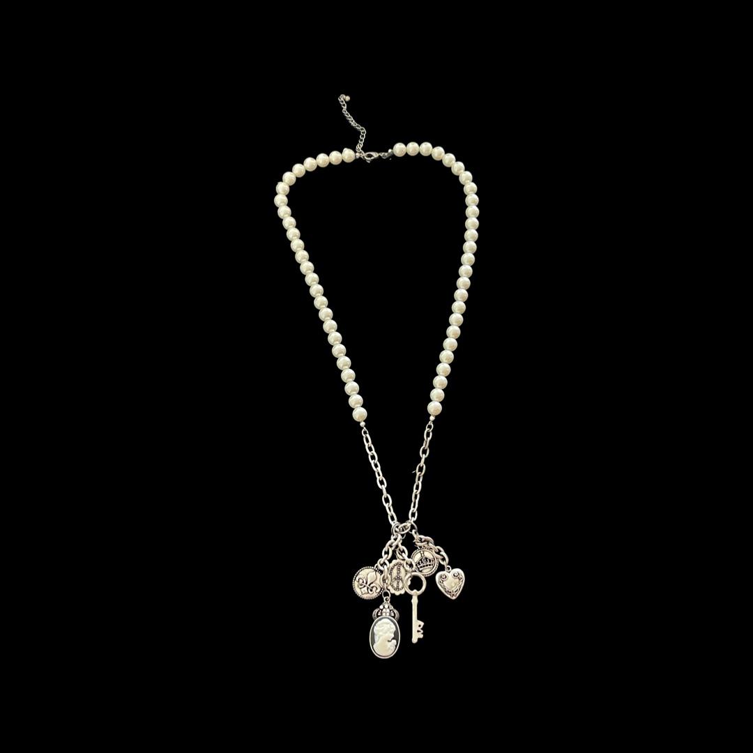 Antique Akoya Pearl Generational Sterling Silver Charm Necklace (1 of 4)