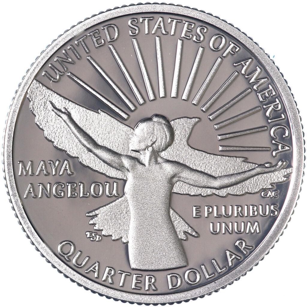 2022 Special Edition DCAM GEM PROOF MINT Maya Angelou Quarter: 2022 Special Edition DCAM GEM PROOF MINT Maya Angelou Quarter. Sealed in protective plastic from the US Mint, this special commemorative US Quarter depicts the first EVER American currency with an Afr